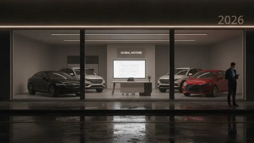A modern car dealership showroom at night with several vehicles visible through large glass windows, reflecting on a wet asphalt street.