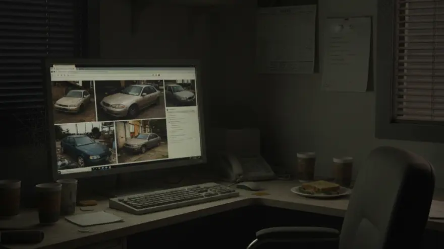 A dimly lit office desk with a computer monitor displaying photos of used cars, a keyboard, a mouse, a telephone, paper cups, and a sandwich on a plate.