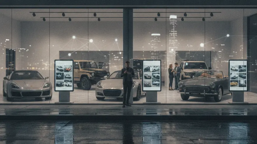 A modern car dealership showroom at night with several vehicles on display behind large glass windows, reflected on a wet street in the foreground.