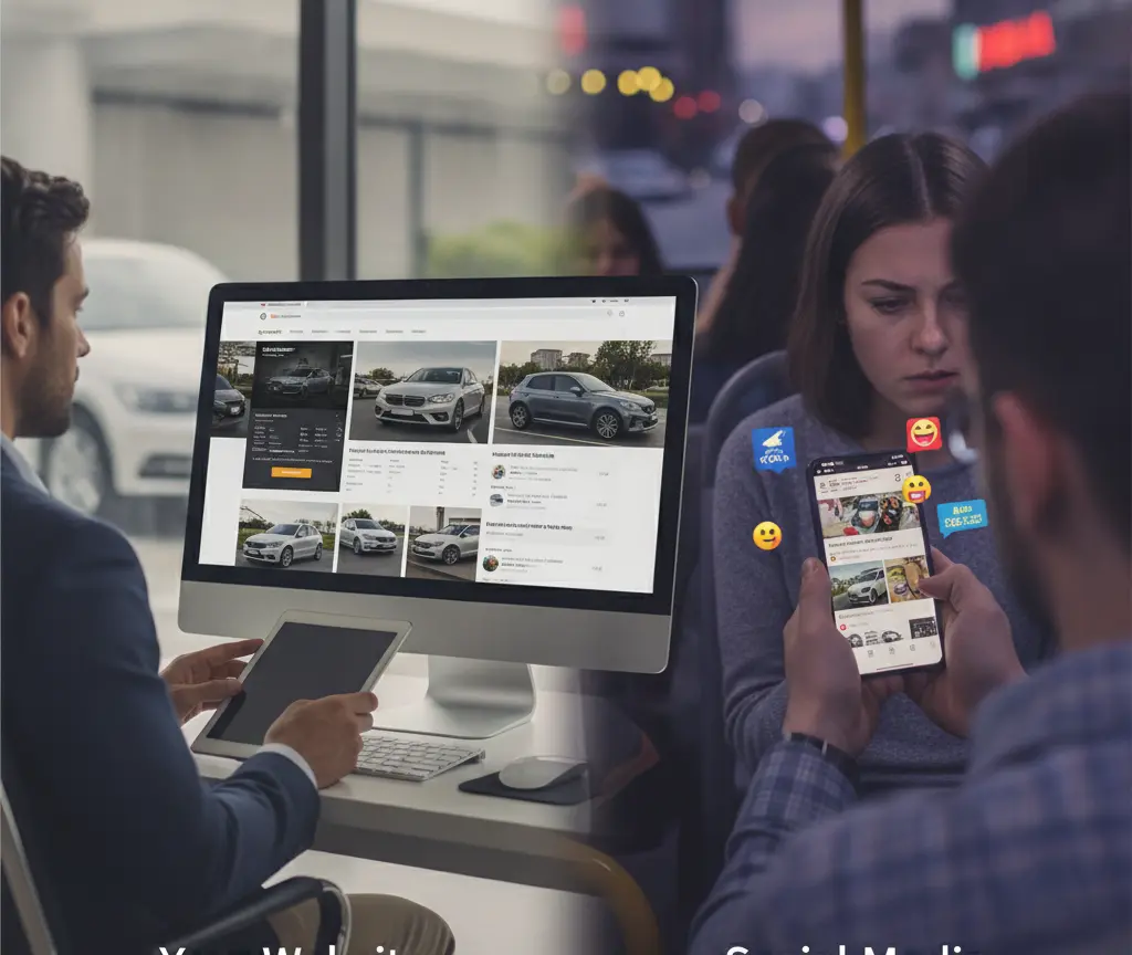 A split image showing a man looking at a car website on a desktop computer on the left, and a person looking at a car post on a smartphone on the right.