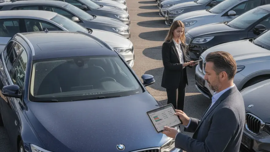 Ein Mann und eine Frau in Businesskleidung stehen mit Tablets zwischen langen Reihen geparkter Autos auf einem großen Parkplatz.
