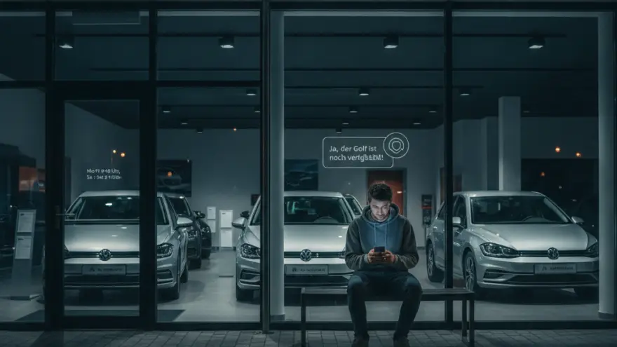 Ein Mann sitzt nachts auf einer Bank vor dem beleuchteten Schaufenster eines Autohauses und blickt auf sein Smartphone.