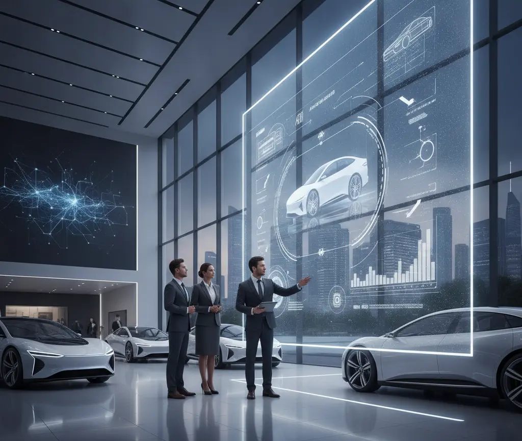 Drei Personen in Businesskleidung betrachten eine große, leuchtende Projektion eines Autos in einem modernen Ausstellungsraum mit mehreren weißen Fahrzeugen.