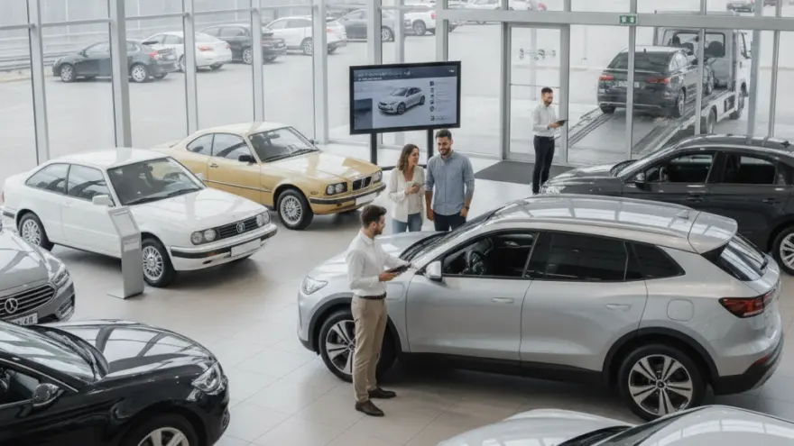 Ein Verkäufer berät ein Paar in einem hellen Autohaus mit mehreren ausgestellten Fahrzeugen.