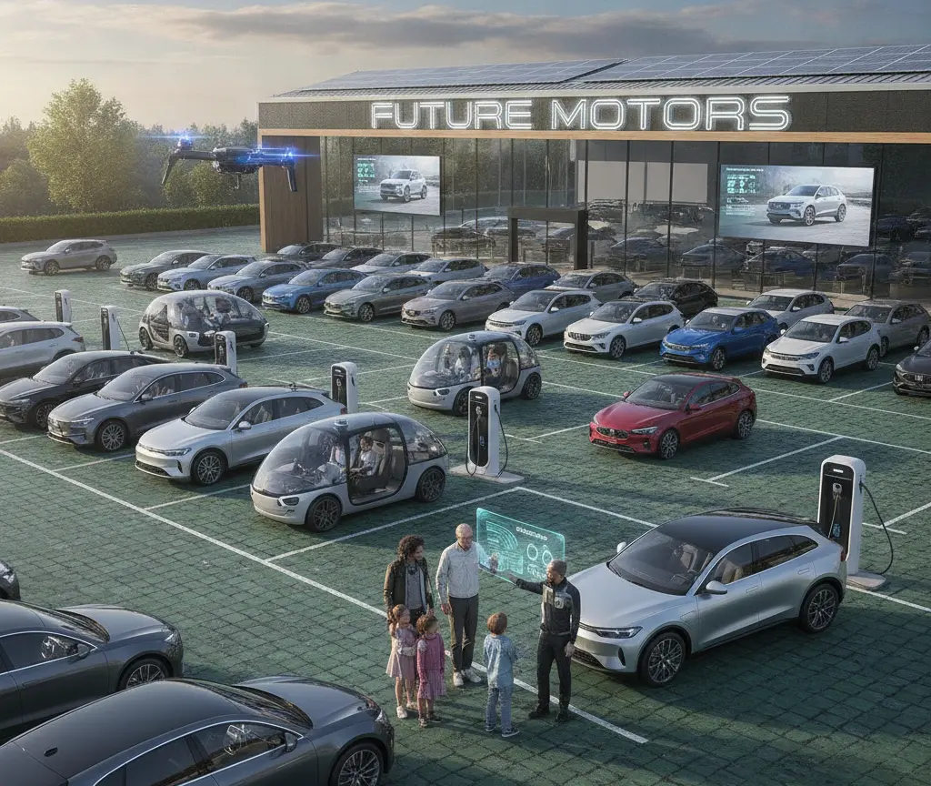 Ein moderner Autohaus-Parkplatz mit zahlreichen Elektroautos, Ladestationen, futuristischen Kapsel-Fahrzeugen und einer Familie, die sich vor einem silbernen SUV beraten lässt.
