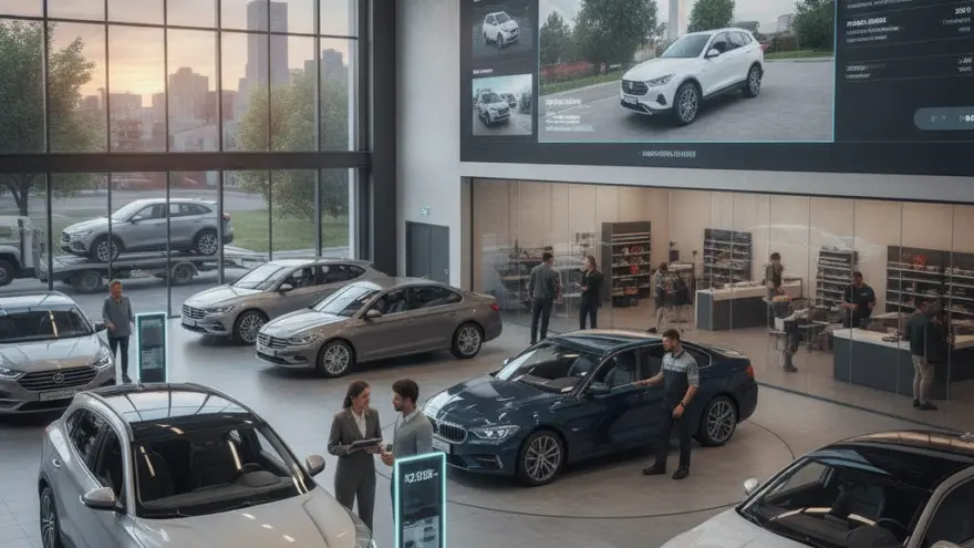 En helle Verchaufsruum vonere Autogarage mit verschidene Autos, Chunde und Verchoufer, ere grosse Bildwand im Hindergrund und ere Glasfront mit Blick uf d Stadt.