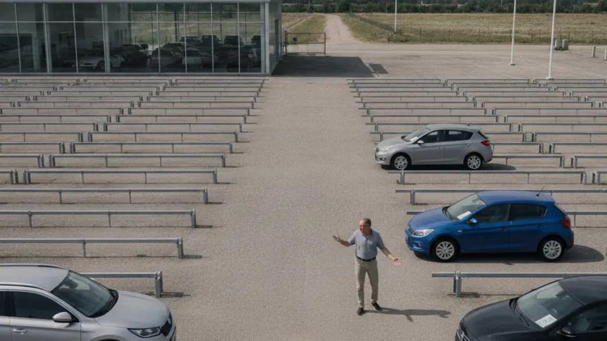 En Ma mit usgstreckte Arm staht uf em fast lääre Parkplatz vor eme Autohuus, wo nur vier Autos parkiert sind.