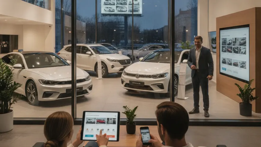 Ein Paar sitzt auf einem Sofa und betrachtet Autos auf einem Tablet und Smartphone, während im Hintergrund durch eine Glasscheibe ein Autohaus mit weißen Fahrzeugen und einem Verkäufer zu sehen ist.
