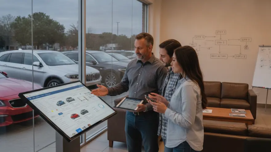 Ein Verkäufer zeigt einem Paar in einem Autohaus verschiedene Fahrzeugmodelle auf einem großen Touchscreen-Terminal.