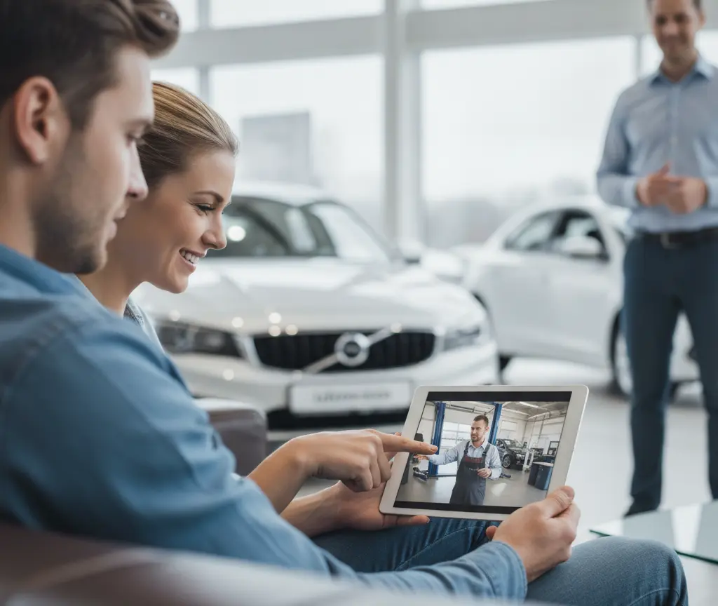 Es Paar sitzt uf eme Sofa imne Autohuus und luegt zäme uf es Tablet, während im Hintergrund Autos und en Verkäufer stöhnd.