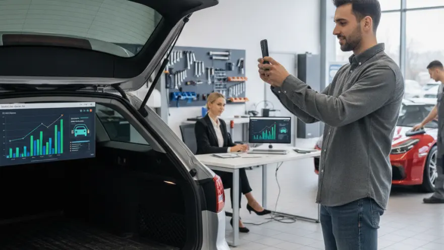 En Maa macht es Foti mit sim Handy vom offene Kofferrum vonere silberne Limousine inere Autowerchstatt.