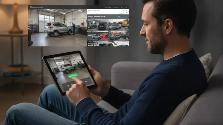 En Maa sitzt uf em Sofa und luegt uf eme Tablet d Website vonere Autowerkstatt a.