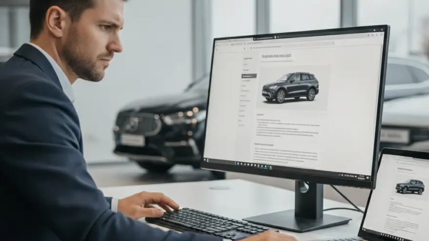Ein Mann im Anzug sitzt an einem Schreibtisch im Autohaus und blickt konzentriert auf einen Computerbildschirm, auf dem ein SUV abgebildet ist.
