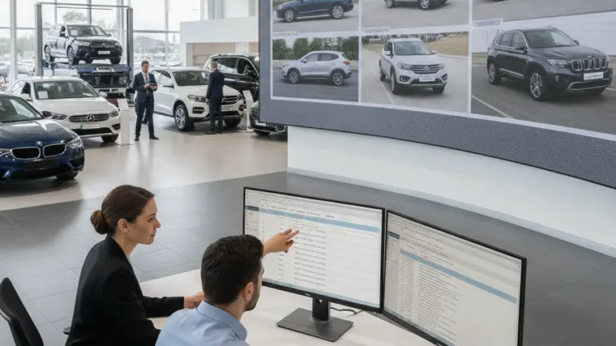 Eine Frau und ein Mann sitzen an einem Schreibtisch mit zwei Monitoren in einem Autohaus, im Hintergrund sind verschiedene Autos und eine große Videowand zu sehen.
