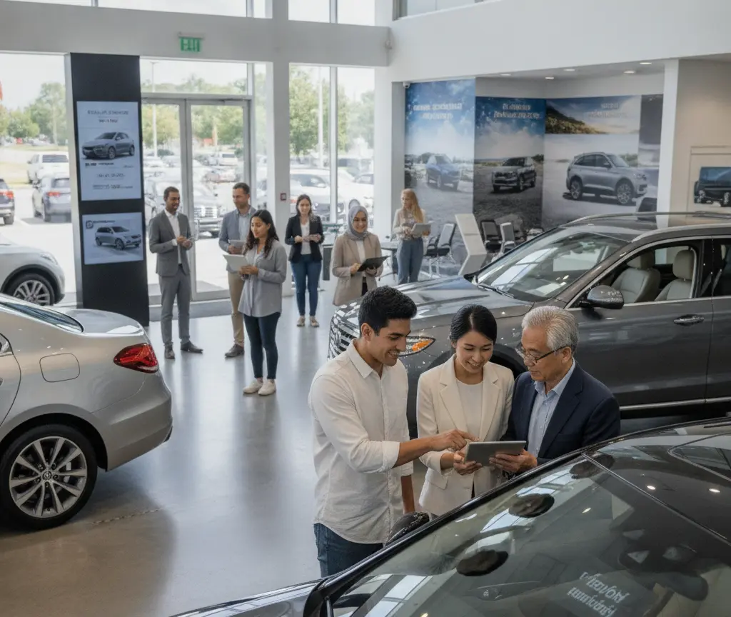 Ein junges Paar und ein älterer Verkäufer betrachten gemeinsam ein Tablet in einem hellen Autohaus mit mehreren Fahrzeugen und Personen im Hintergrund.