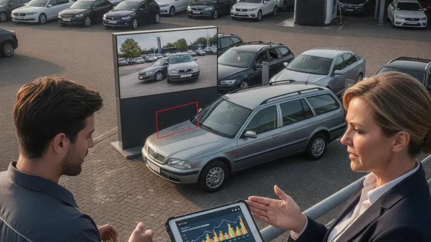 En Frau im Blazer zeigt eme Mann im blaue Hemmli es Tablet vor eme grosse Parkplatz mit Auto.