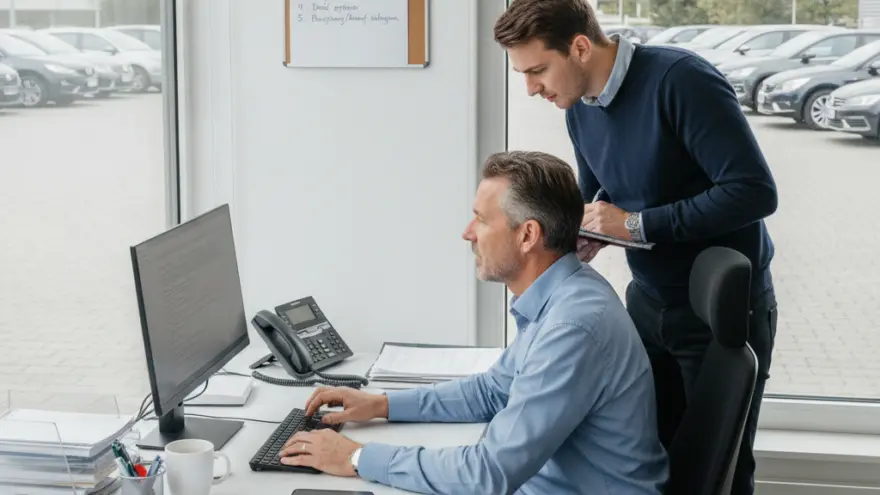 Zwei Männer im Büro lueged gmeinsam uf en Computerbildschirm, während dussä Autos parkiert sind.