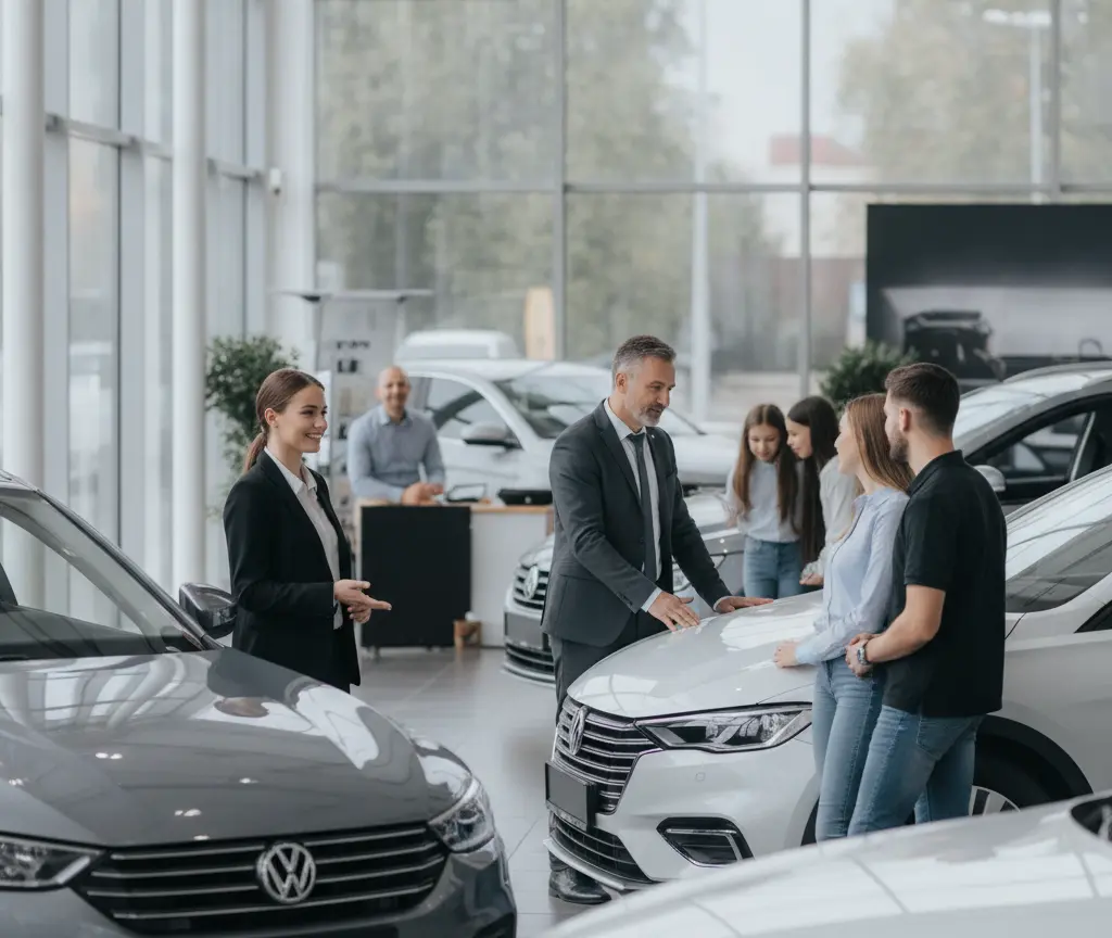 En Verkäufer im Chleider-Aazug zeigt ere Familie es wysses Auto inere grosse Verchaufs-Halle mit andere Autos.