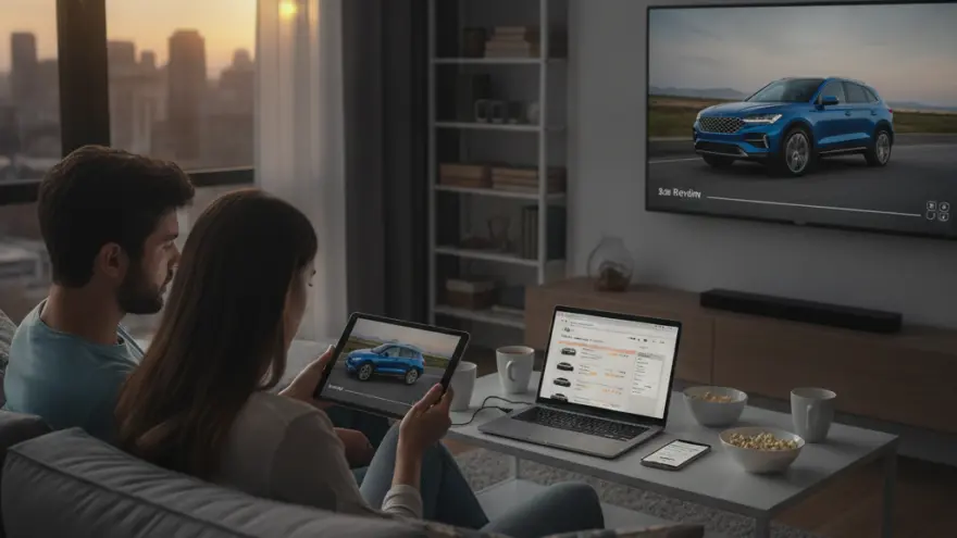 Ein Paar sitzt auf einem Sofa im Wohnzimmer und schaut sich auf einem Fernseher, einem Tablet und einem Laptop Bilder und Informationen zu einem blauen Auto an.