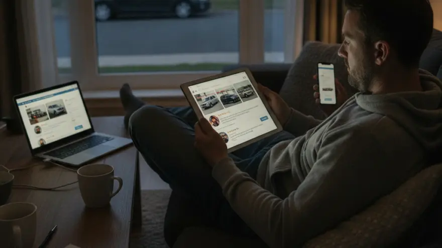 Ein Mann sitzt abends auf einem Sofa und betrachtet Auto-Anzeigen auf einem Tablet, einem Smartphone und einem Laptop.