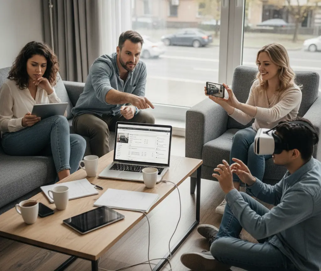 Vier Personen sitzen in einem Wohnzimmer um einen Couchtisch mit einem Laptop, während ein Mann eine VR-Brille trägt und eine Frau ihn mit dem Smartphone filmt.