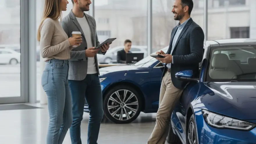 Ein Verkäufer im Sakko unterhält sich in einem Autohaus mit einem Paar neben einem blauen Auto.