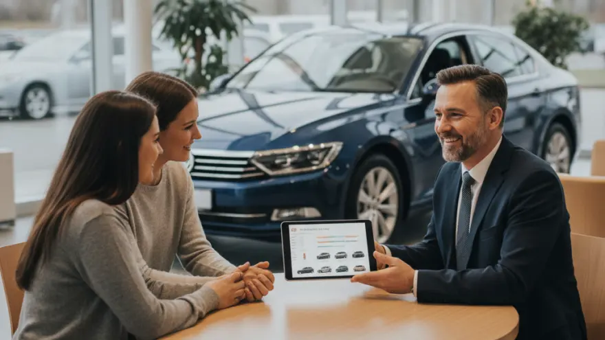 Ein Verkäufer im Anzug zeigt zwei Frauen an einem runden Tisch in einem Autohaus Informationen auf einem Tablet, während im Hintergrund ein blaues Auto steht.