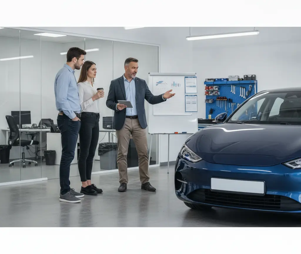 En Verkoifer im Sakko zeigt eme junge Paar mit eme Tablet in de Hand es blaus Auto inere Werkstatt.