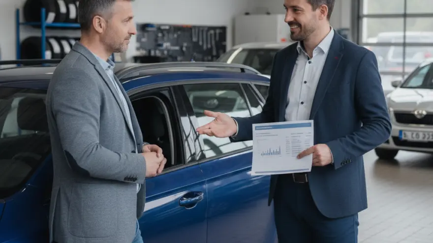 Zwei Männer im Gschpräch näbe-n-eme blaue Auto inere Garage, wobi eine dervo es Blatt Papier i de Hand hebt.