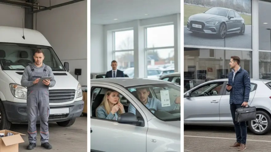 Eine Collage zeigt einen Mechaniker mit Tablet vor einem Transporter, ein Paar bei der Beratung in einem Auto und einen Mann mit Tasche vor einem Autohaus.