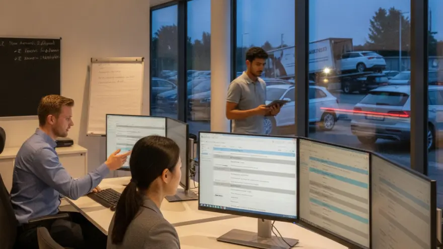 Zwei Büroangestellte arbeiten an Schreibtischen mit mehreren Monitoren, während im Hintergrund ein Mann vor einer großen Fensterfront steht und auf ein Tablet blickt.