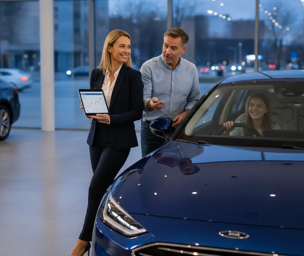 Eine Verkäuferin zeigt ein Tablet mit einem Diagramm, während ein Mann einer im Auto sitzenden Frau den Schlüssel übergibt.