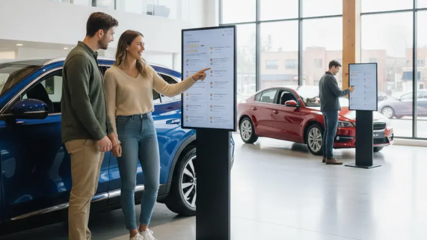 Ein Paar steht in einem Autohaus neben einem blauen Auto und betrachtet einen großen, freistehenden Bildschirm.