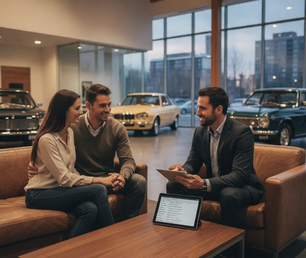 Es Paar sitzt uf eme Ledersofa und redet mit eme Verkäufer in eme Showroom mit Autos im Hintergrund.