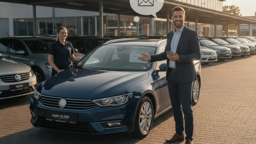 Een glimlachende man in een pak en een vrouw in een polo staan bij een blauwe auto op het terrein van een autodealer.