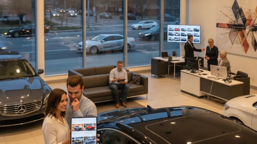 Een man en een vrouw bekijken auto's op een tablet in een showroom met auto's, grote ramen en andere mensen op de achtergrond.