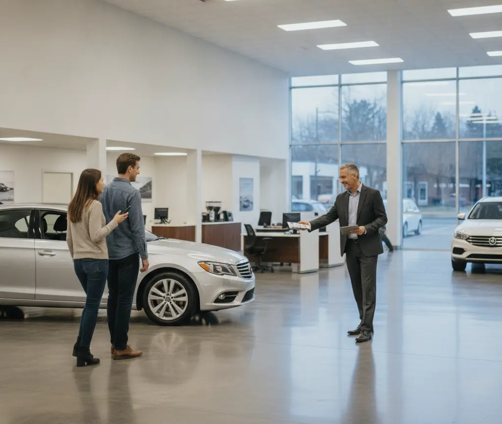 Een autoverkoper in een pak overhandigt een brochure aan een stel dat naast een zilveren auto in een showroom staat.