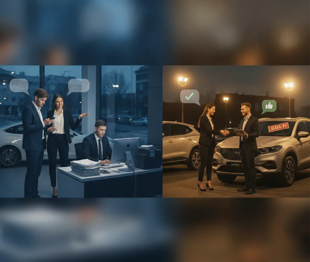 A split image showing a man and woman talking to a salesperson at a desk inside a dealership on the left, and a man and woman shaking hands next to a sold car outside at night on the right.