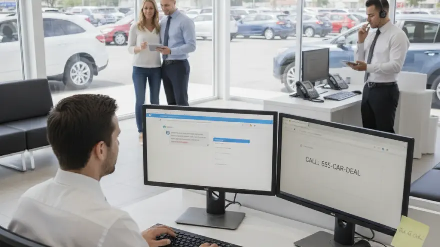 An office worker sits at a desk with dual monitors inside a car dealership showroom while other staff and customers interact in the background.