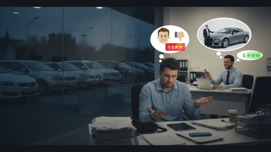 An office scene with a frustrated man at his desk thinking of a negative review, while a smiling colleague behind him thinks of a positive car sale review.