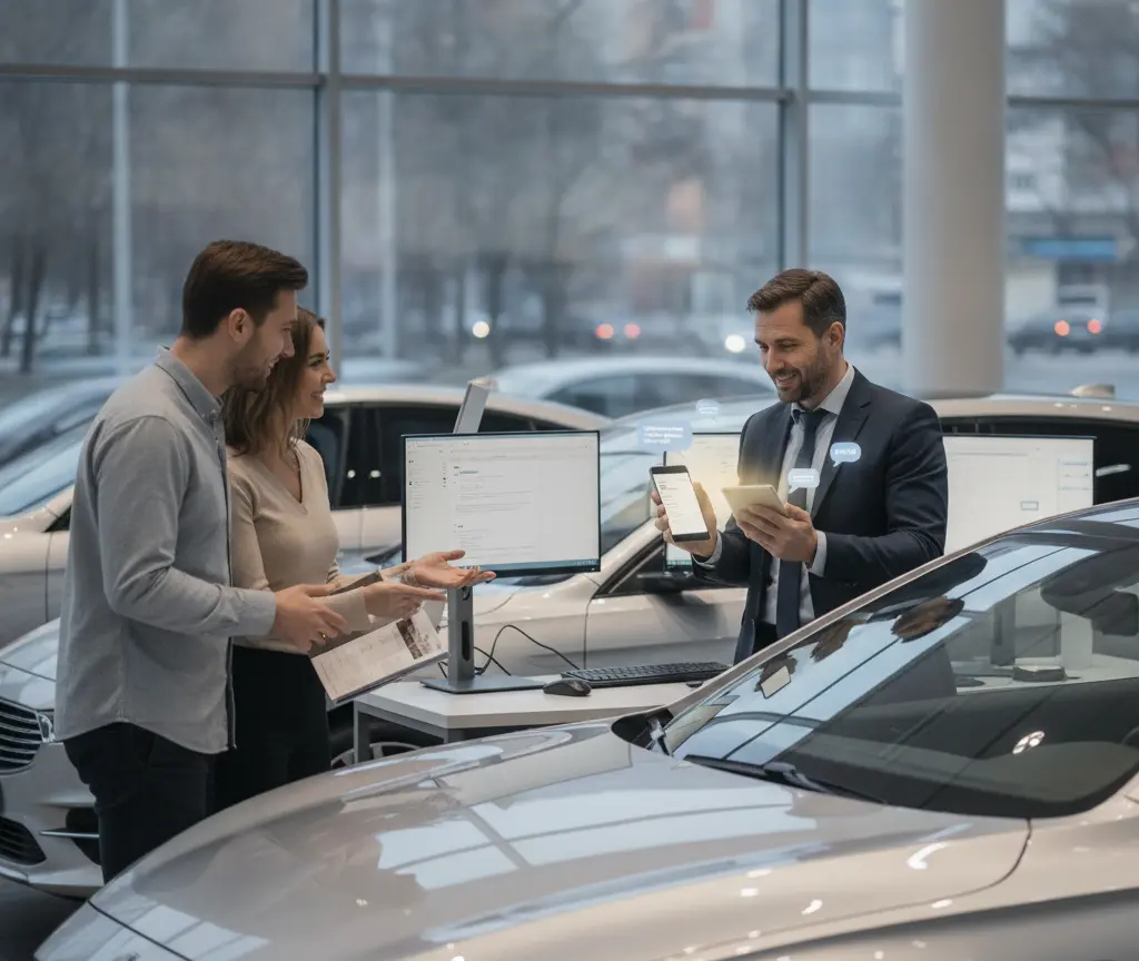 A car salesman in a suit shows a digital tablet and smartphone to a smiling couple inside a modern dealership showroom next to a silver car.