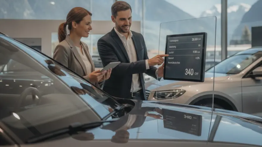 En Verkäufer im Anzug zeigt ere Frau mit eme Tablet uf en Bildschirm näbed eme Auto im Showroom mit Berge im Hindergrund.