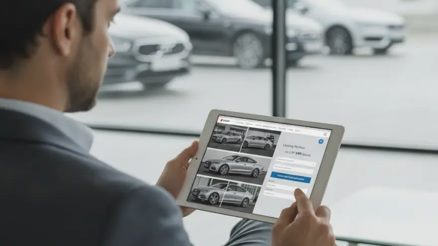 En Ma imne Anzug luegt ufeme Tablet d Websyte vonere Autofirma a, während im Hintergrund unscharf mehreri Autos vor emne grosse Fänschter stönd.