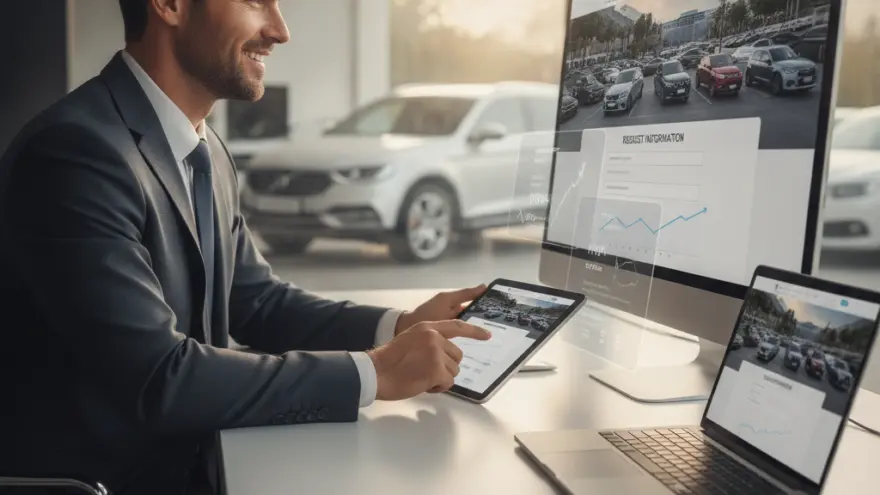 Een glimlachende man in een pak zit aan een bureau met een tablet, laptop en computermonitor waarop auto's en grafieken te zien zijn, met op de achtergrond een showroom.