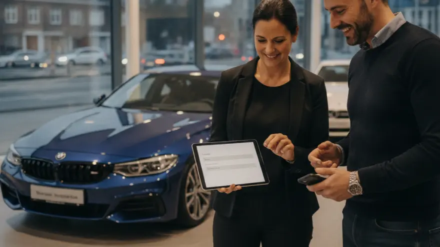 Een glimlachende vrouw toont een tablet aan een man in een showroom met een blauwe auto op de achtergrond.