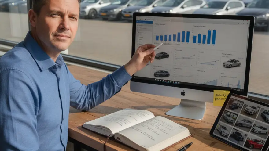 Een man in een blauw overhemd zit aan een houten bureau en wijst met een pen naar een computerscherm met grafieken, met op de achtergrond een parkeerplaats vol auto's.