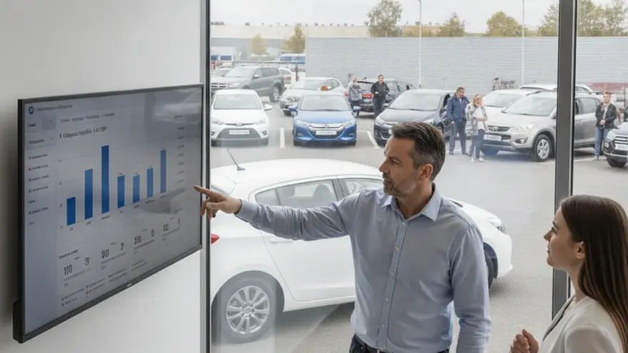 Een man in een blauw overhemd wijst naar een grafiek op een scherm, terwijl een vrouw met een tablet toekijkt voor een raam met uitzicht op een parkeerplaats vol auto's.