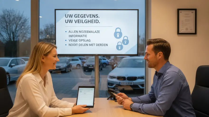 Een man en een vrouw zitten tegenover elkaar aan een houten tafel in een kantoor met een tablet en een groot scherm op de achtergrond.