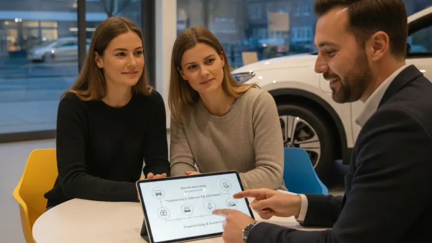 Een verkoper in pak wijst naar een tablet op een ronde tafel terwijl twee vrouwen toekijken in een showroom.