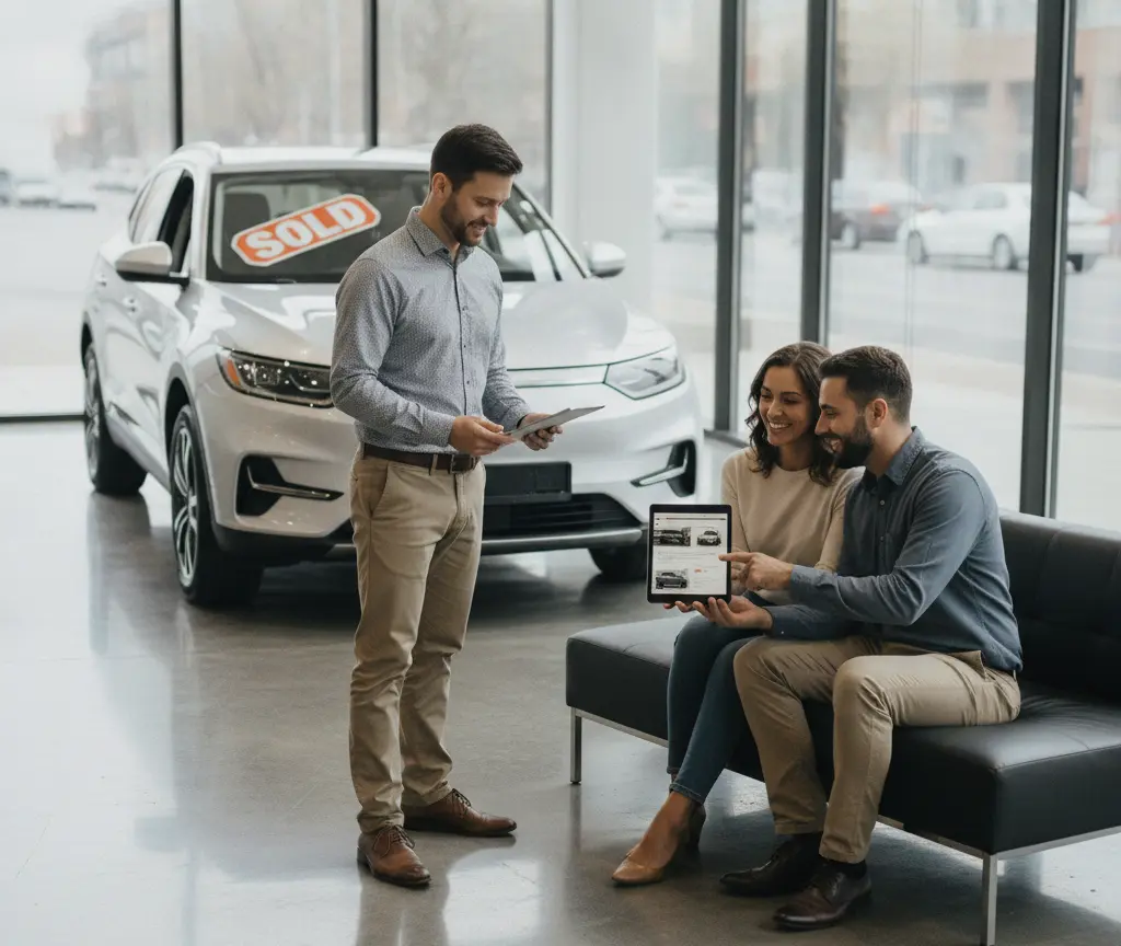 Een autoverkoper staat met documenten naast een zittend stel dat naar een tablet kijkt in een showroom met een witte auto.